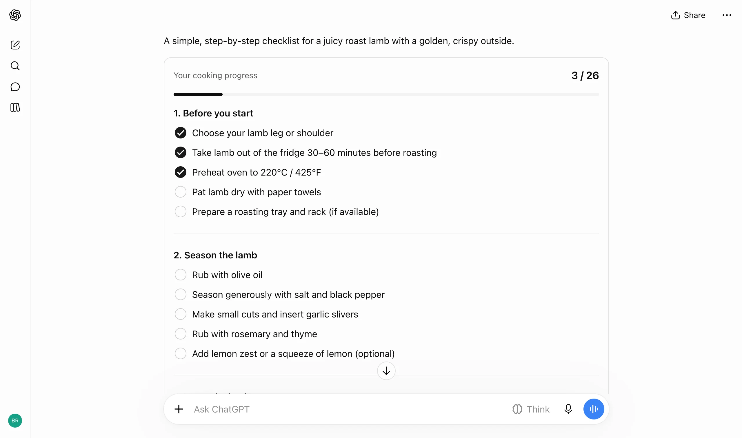 Checking items updates a counter and a progress bar inside the card.