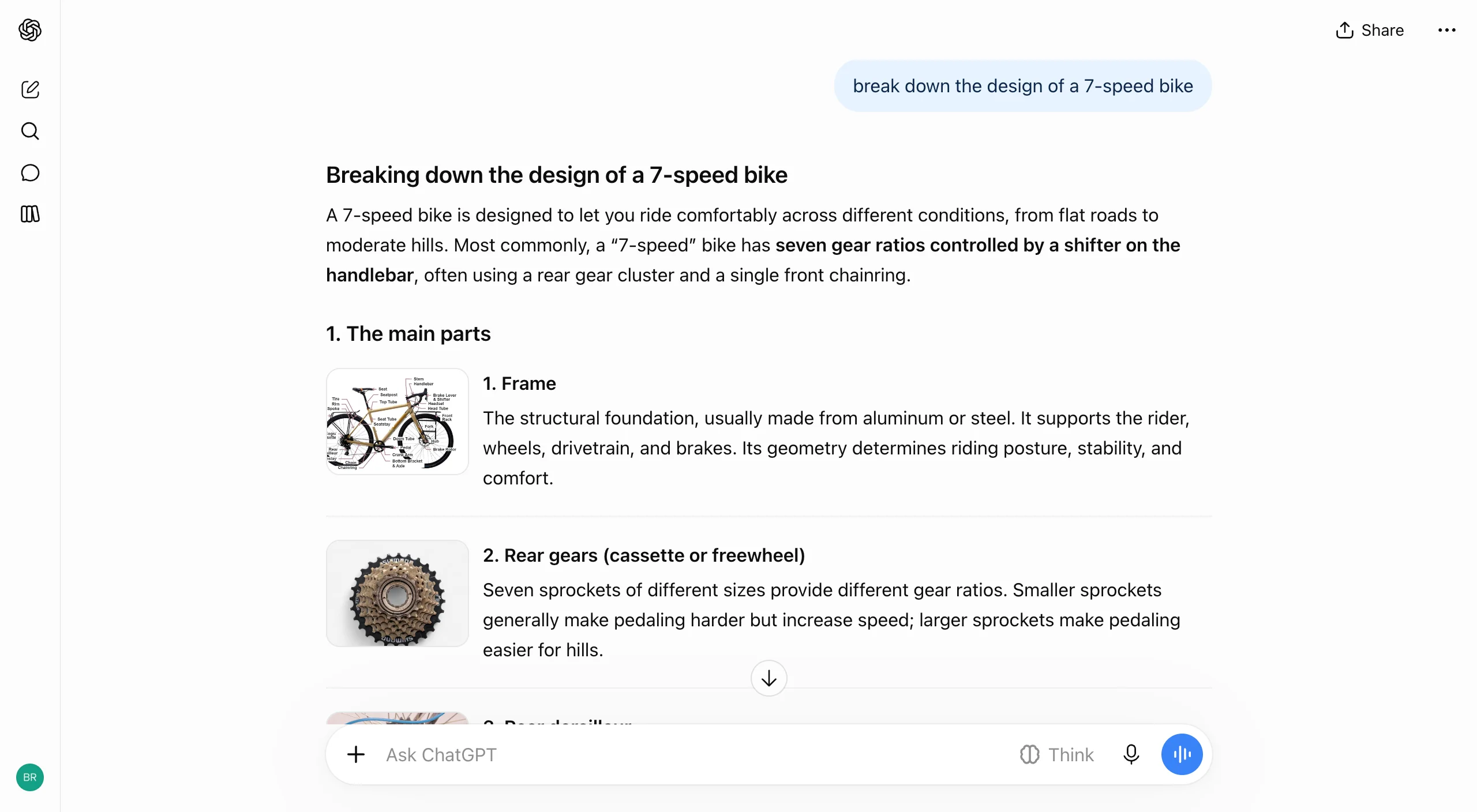 A short summary answers the question, then a list where each item carries a thumbnail. Prompt: "break down the design of a 7-speed bike".