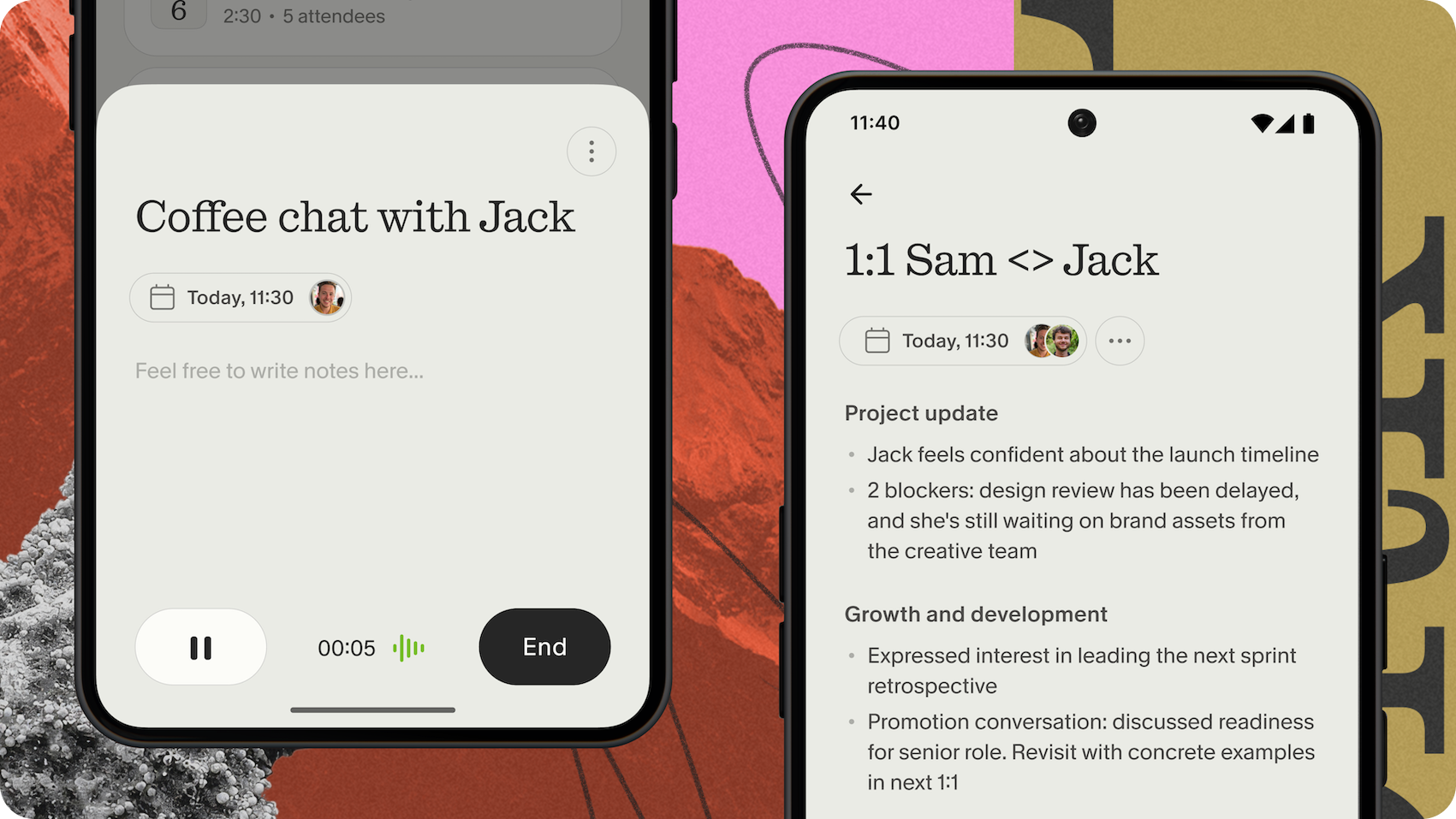 Granola for Android: recording a coffee chat and the resulting enhanced notes. Image: Granola.