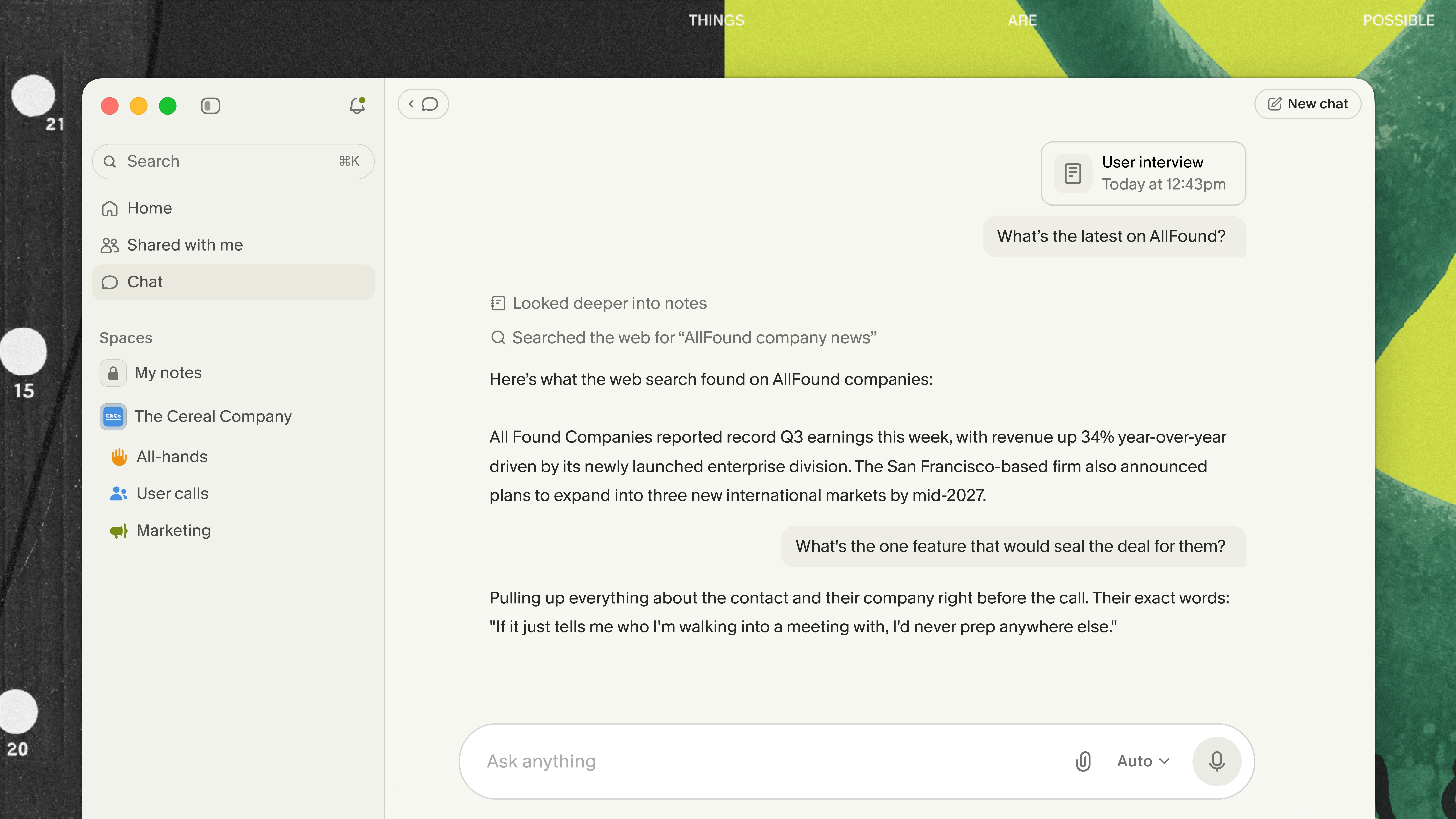 Chat answering a question about a company, drawing on past meeting notes. Image: Granola.
