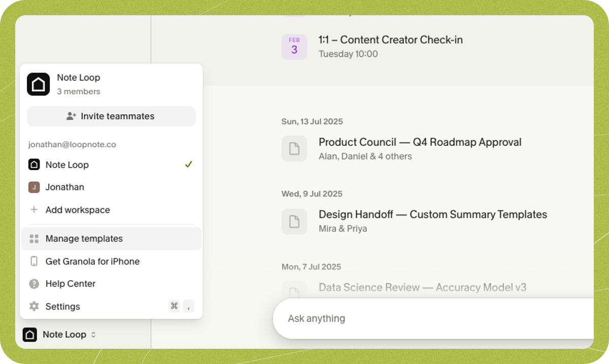 Workspace menu with Manage templates. Image: Granola.