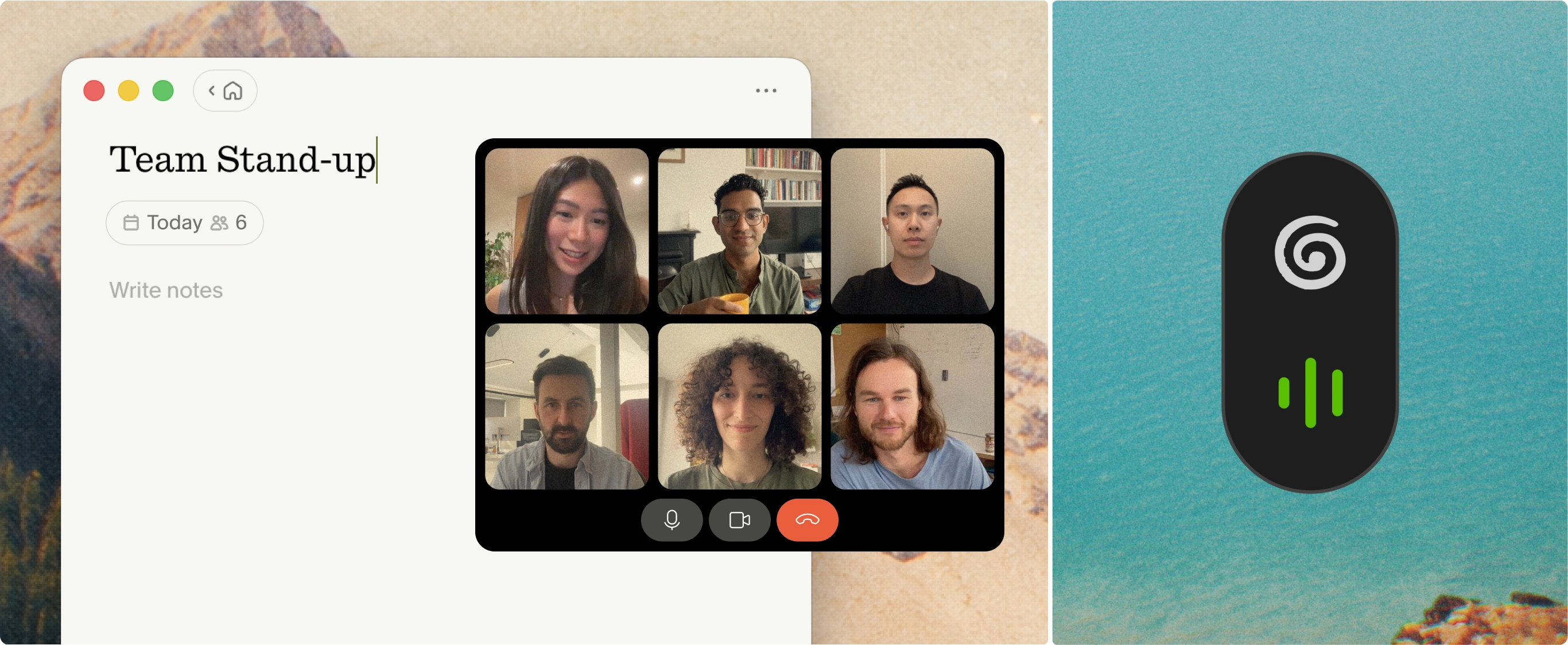 A note open beside a video call, with Granola’s floating audio indicator. Image: Granola.