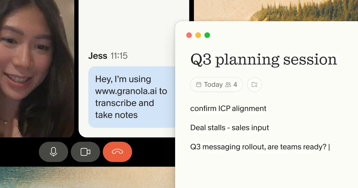 Granola’s floating recording pill over a video call while the notepad stays open. Image: Granola.