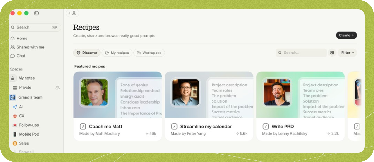 Recipes tab: Discover, My recipes, and Workspace with featured recipe cards. Image: Granola.