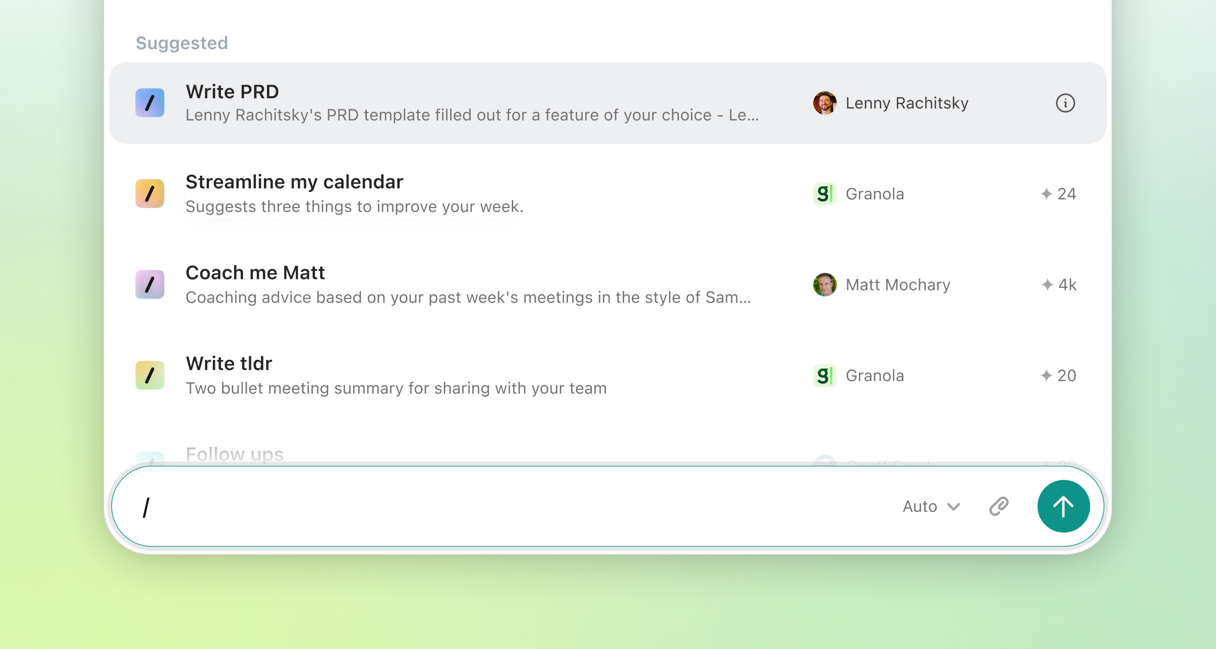 Typing / in the chat bar lists recipes such as Write PRD. Image: Granola.