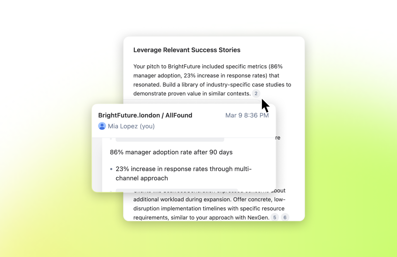 Hovering an enhanced-note line opens a popover with the matching meeting source. Image: Granola.