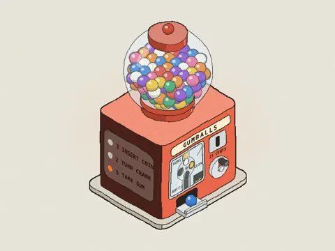 Hand-inked isometric gumball machine filled with colored gumballs.