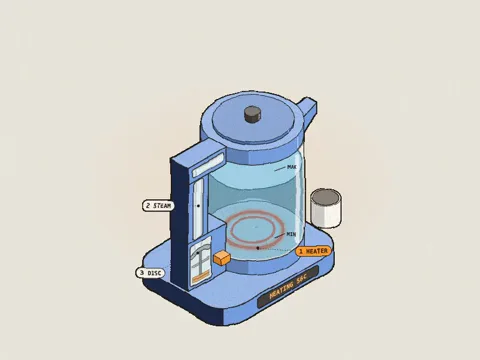 See-through isometric electric kettle with labelled heater, pin, and disc.