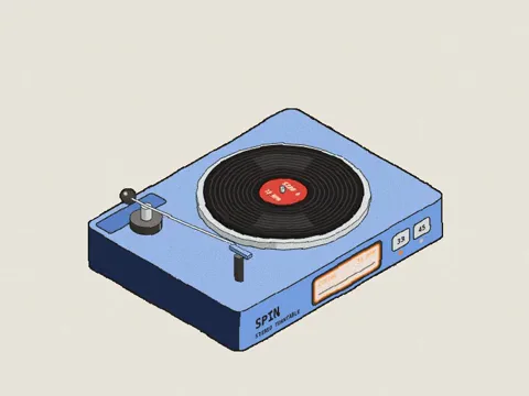 Hand-inked isometric record player with a vinyl record and tonearm.