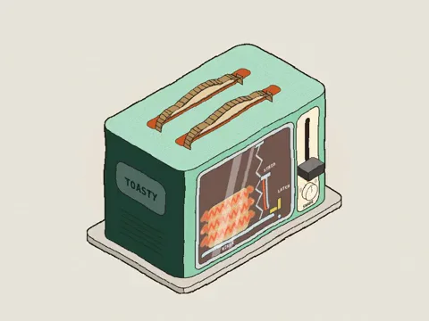 See-through isometric toaster showing the latch, spring, and heating element.